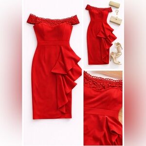 Elegant Red Lace Trim Dress